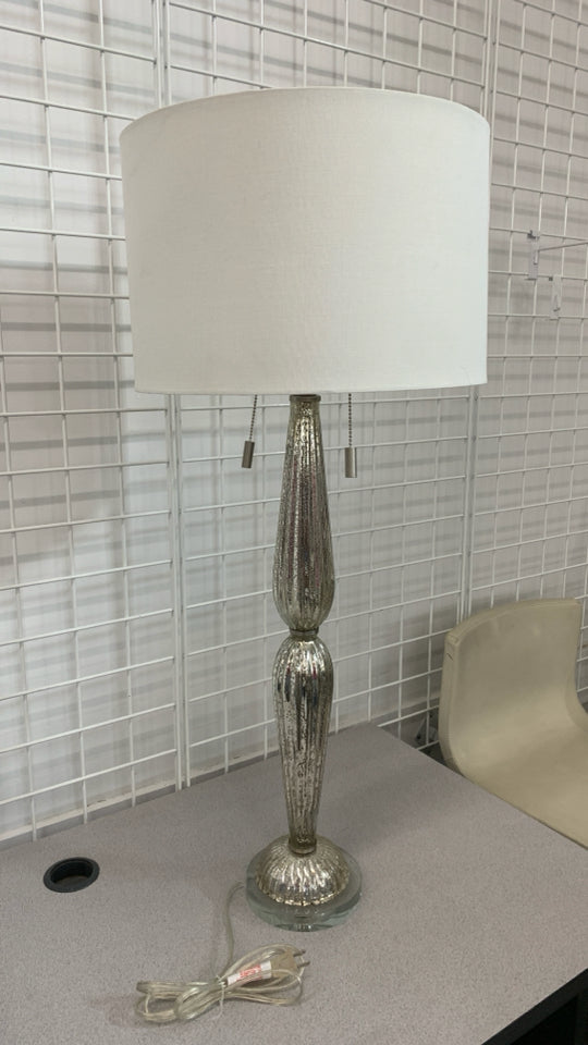 MERCURY GLASS BASE LAMP W/WHITE SHADE.