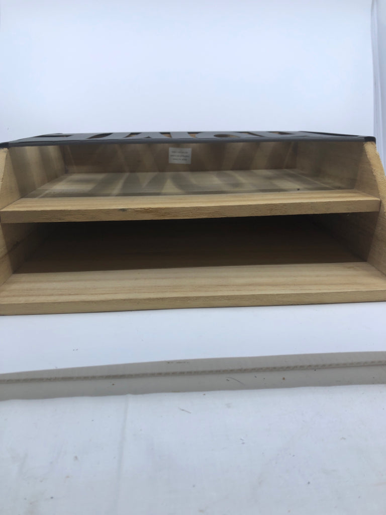 WOOD 2 SLOT MAIL FILE W/ GREY METAL CUTOUT HOME FRONT.