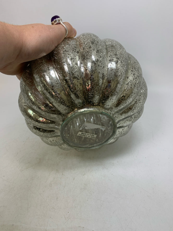 HEAVY SILVER MERCURY GLASS PUMPKIN W/ METAL STEM.