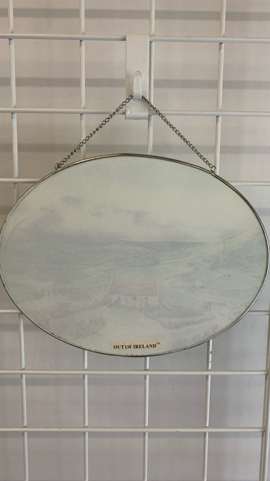 HAND PAINTED LANDSCAPE SCENE IN GLASS HANGING.