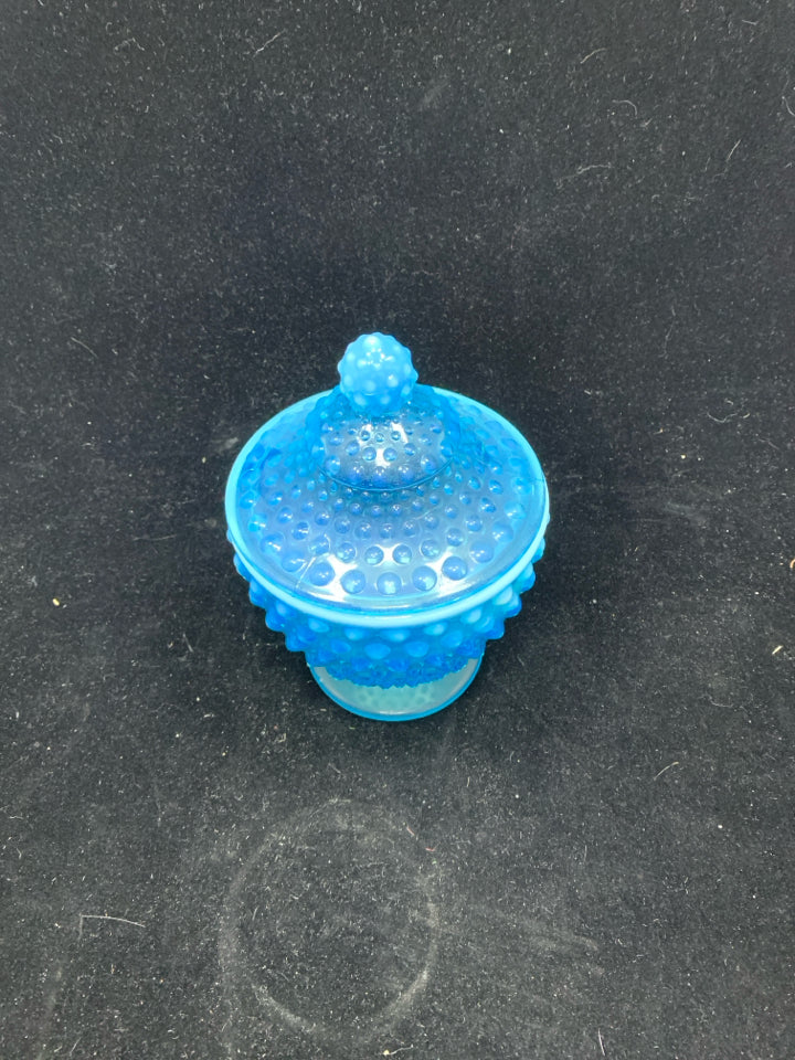 VTG BLUE OPALESCENT HOBNAIL LIDDED CANDY DISH.