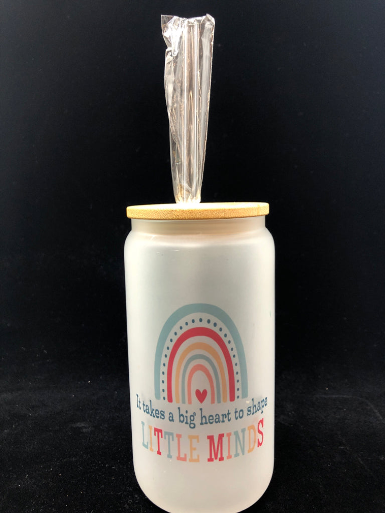 FROSTED TEACHER CUP W/NIP STRAW.