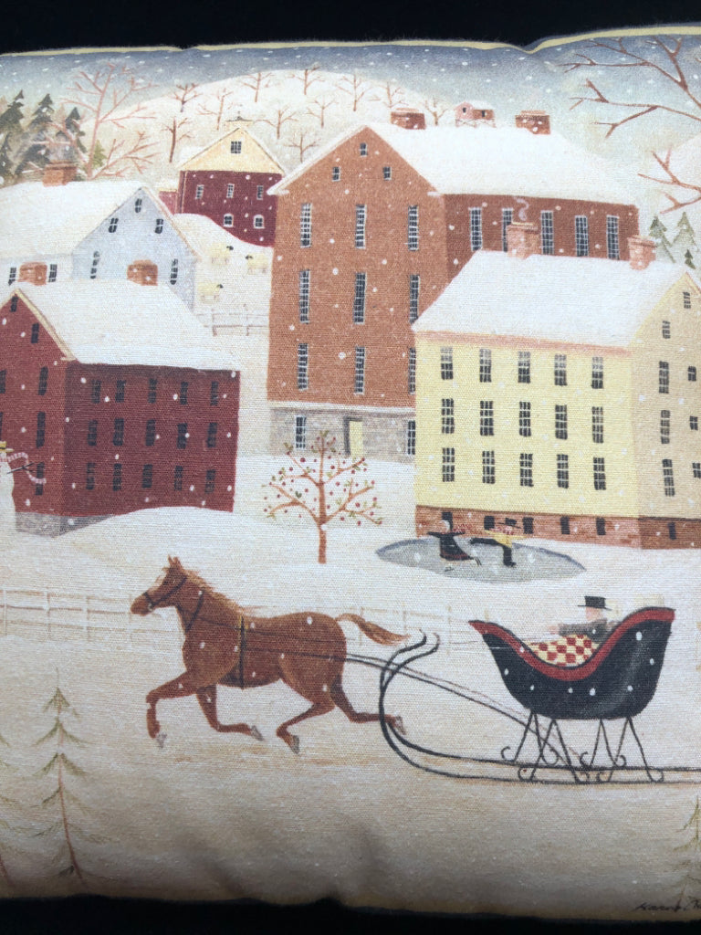 PRIMITIVE WINTER VILLAGE PILLOW.