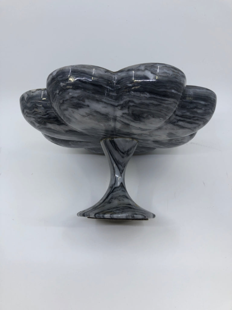 HEAVY GREY STONE FOOTED FLOWER SHAPED CANDY DISH.