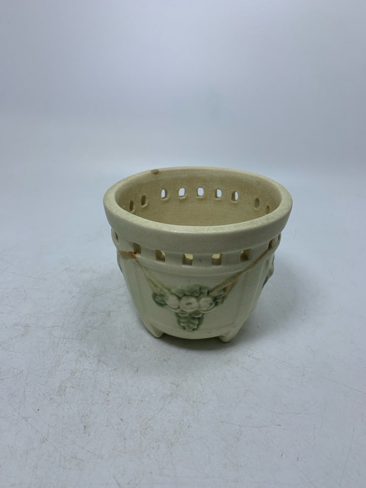 VTG CRACKLE SMALL PLANTER W/ EMBOSSED BERRIES PIERCED.