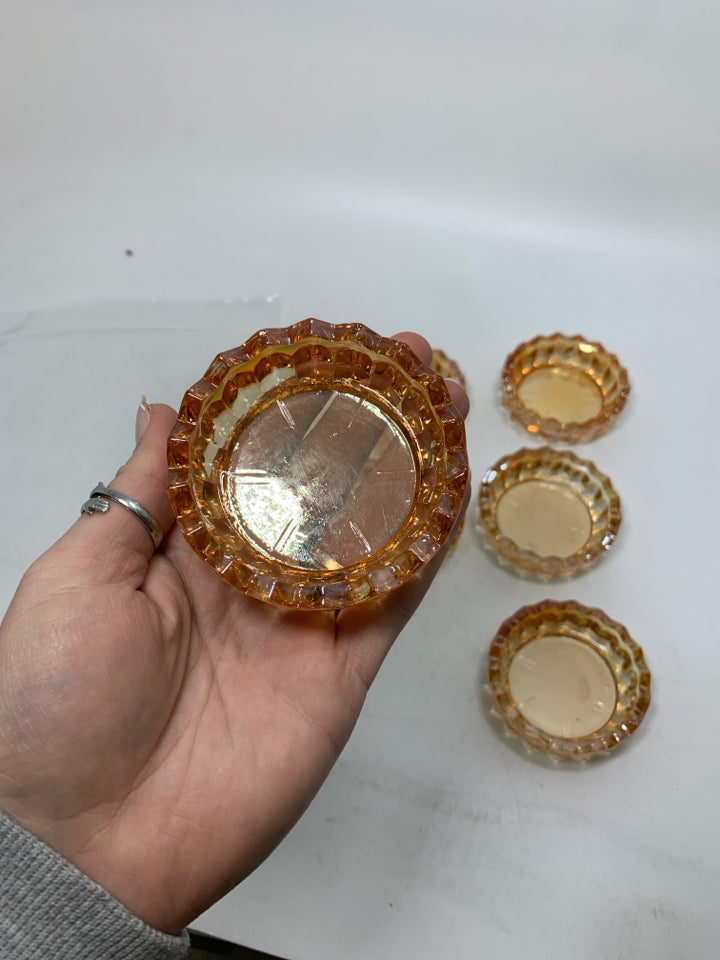 6 VTG PEACH GLASS PERSONAL ASHTRAYS SAWTOOTH EDGE IN BAG.