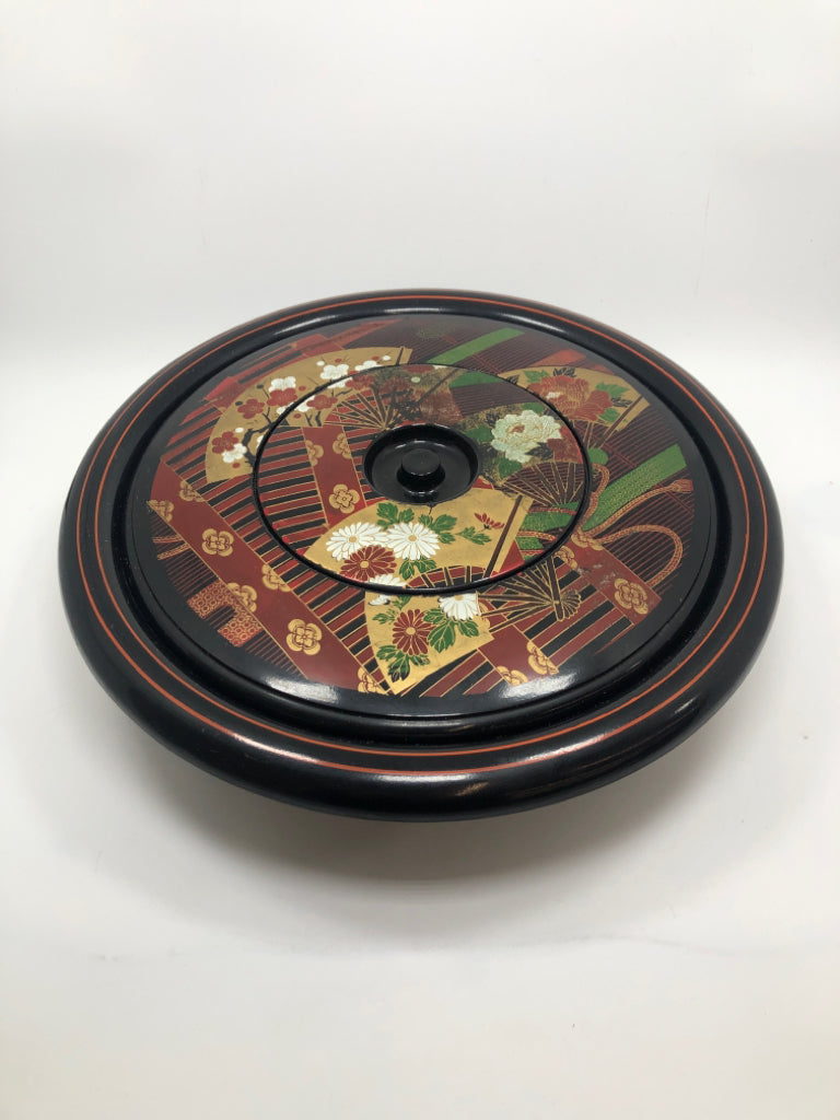 VTG COVERED LAZY SUSAN W/PAINTED PATTERNS.
