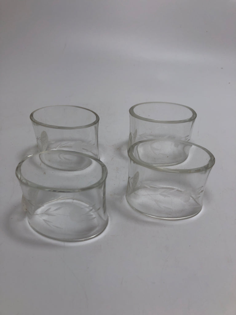 4 GLASS ETCHED NAPKIN HOLDERS.
