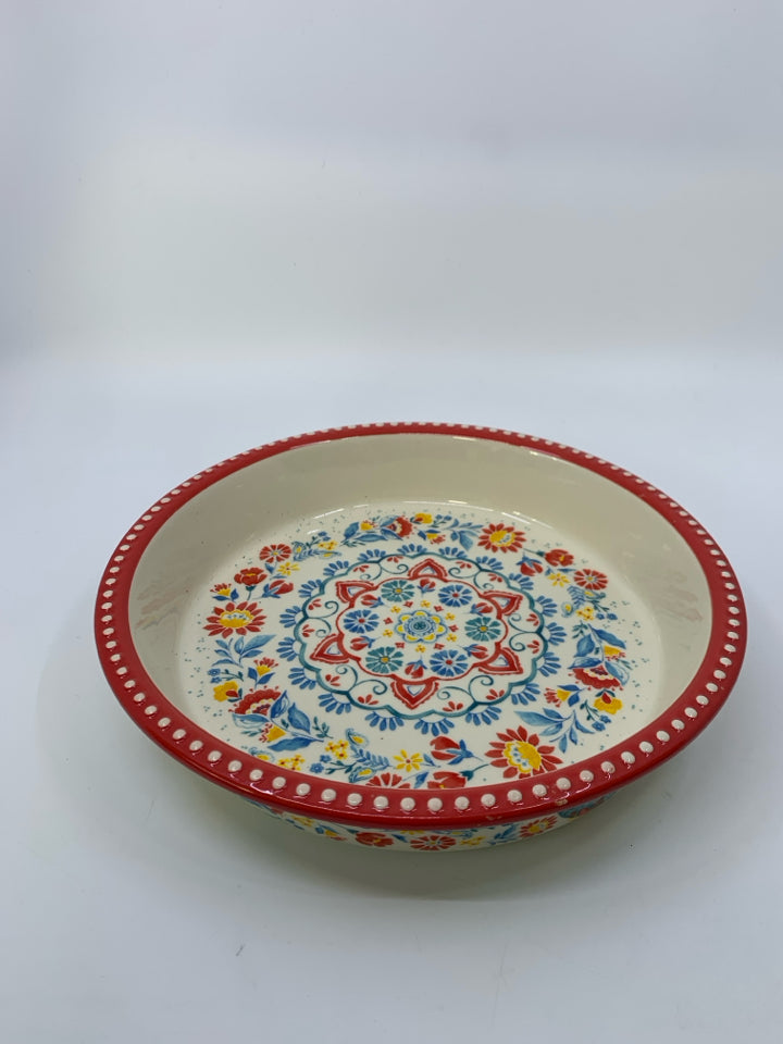 RED/BLUE FLORAL PIE DISH W/ BEADED EDGE.