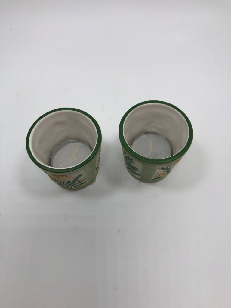 2 GREEN FLORAL YANKEE CANDLE TEALIGHT HOLDERS.