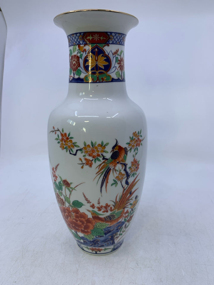 WHITE VASE W/ ORANGE FLOWERS BIRDS/ BLUE DETAILS.