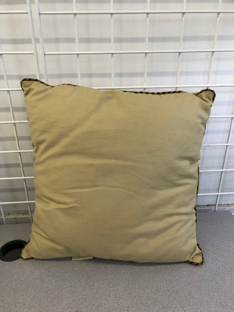 EMBROIDERED BONSAI PILLOW W/BRAIDED EDGE.