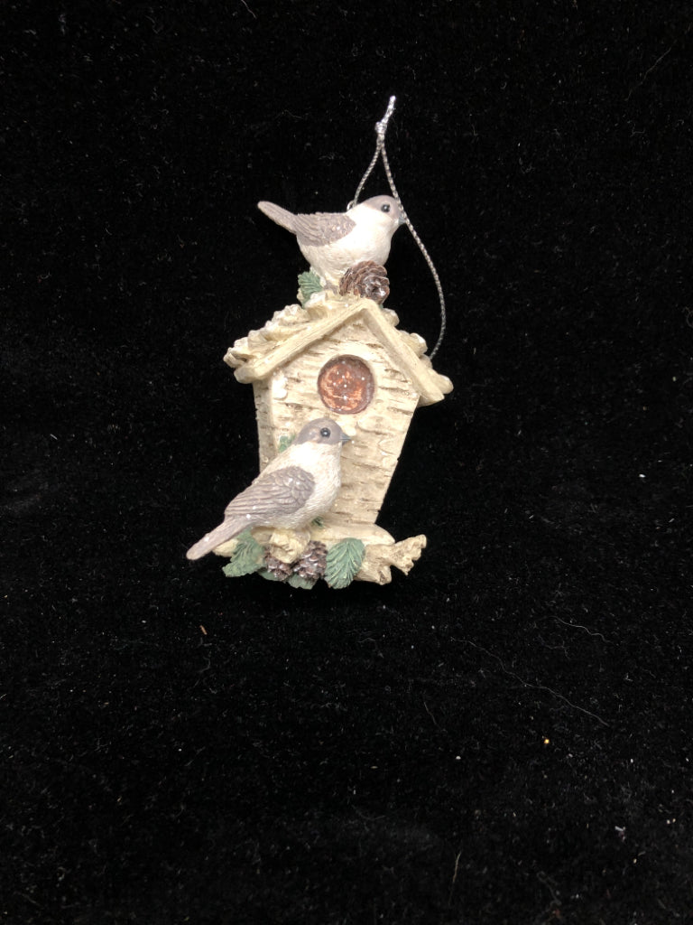 GREY BIRDS IN GLITTER BIRD HOUSE ORNAMENT.