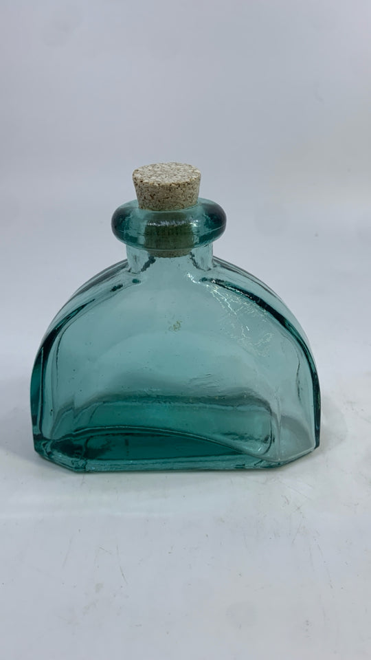 TEAL GLASS CRESCENT BOTTLE W/CORK.