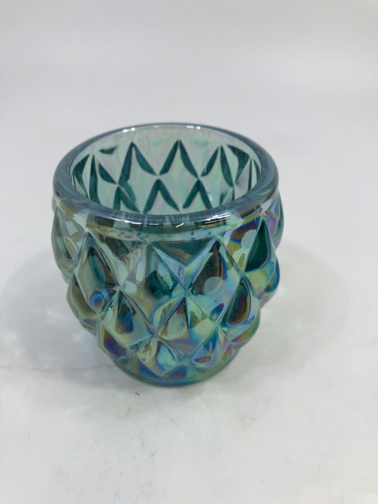 IRIDESCENT TEAL GLASS TOOTHPICK HOLDER.