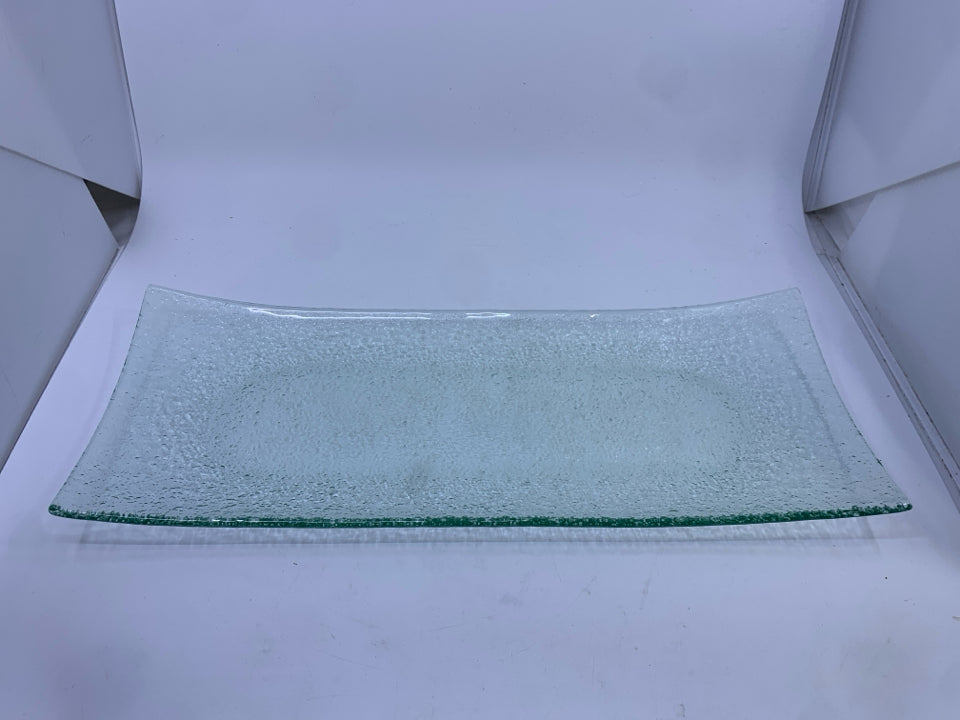 CLEAR GREEN GLASS CRACKLE PLATTER.