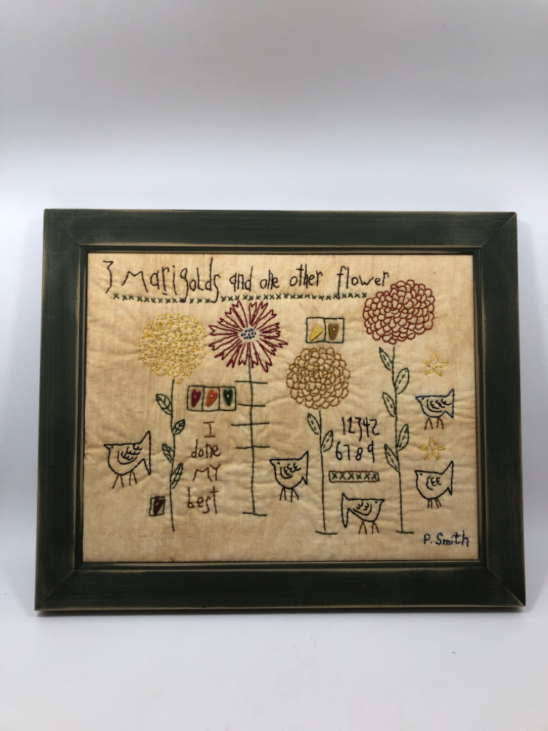 PRIMITIVE 3 MARIGOLDS KNITTED IN GREEN FRAME.