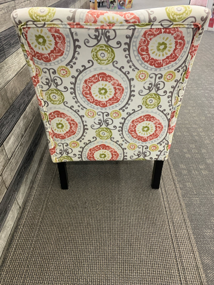 RED + GREEN FLORALS, WOOD LEGS ACCENT CHAIR.