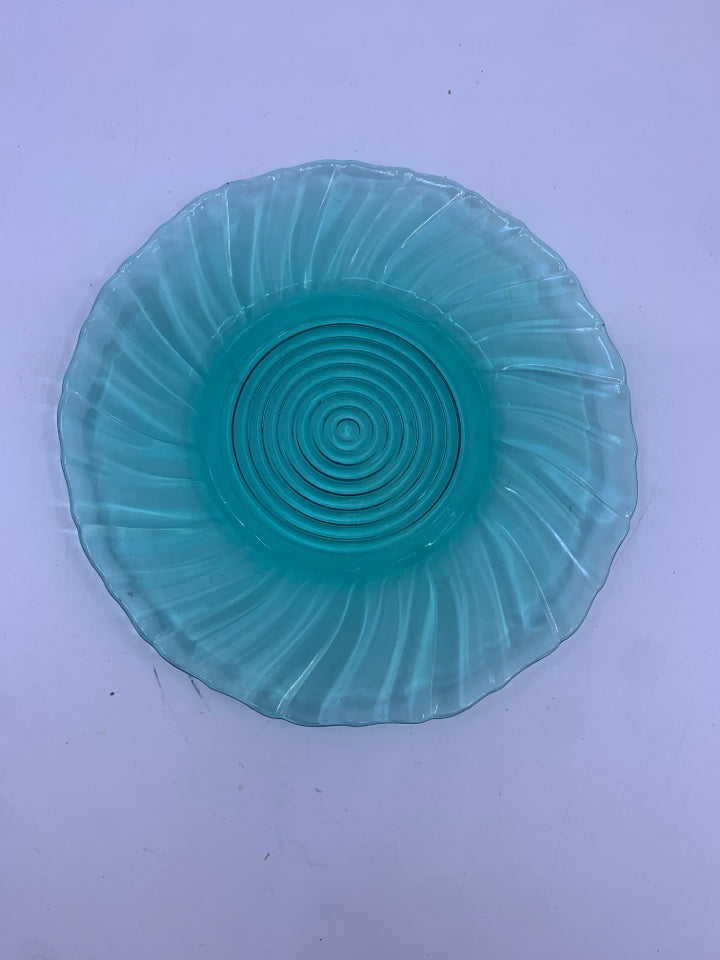 5 TEAL GLASS PLATES.