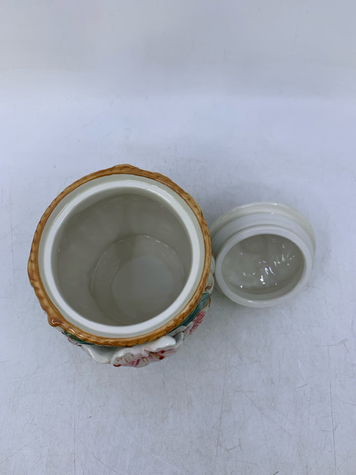 CERAMIC EMBOSSED LILLIES CANISTER.