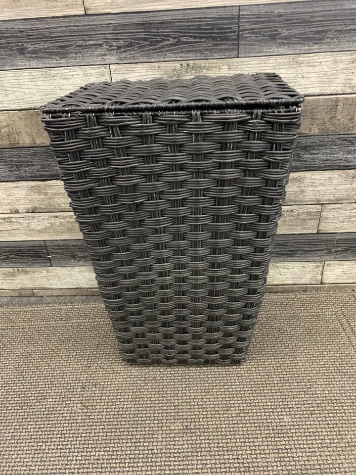 BLACK WOVEN STORAGE HAMPER W/FLAP LID.