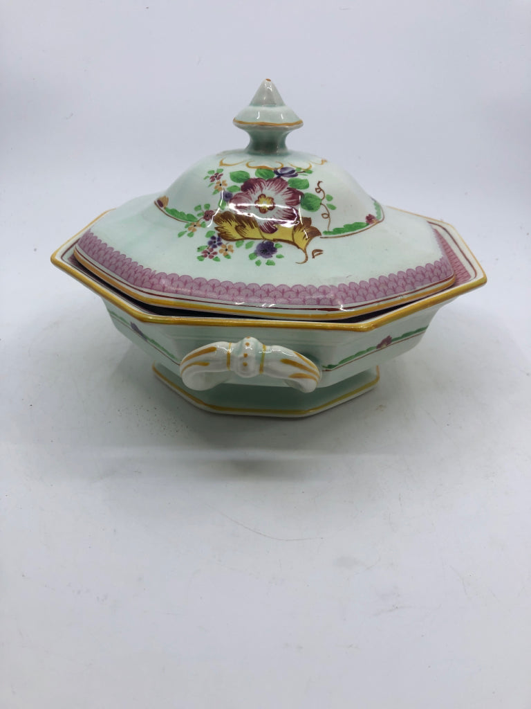VTG GREEN W PINK FLORAL SERVING DISH W LID- CAYLX WARE.