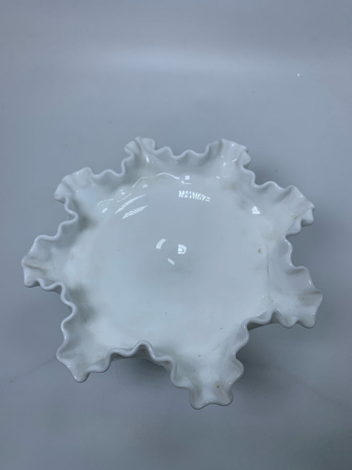 HOBNAIL MILK GLASS PEDESTAL BOWL W/ RUFFLED EDGE.