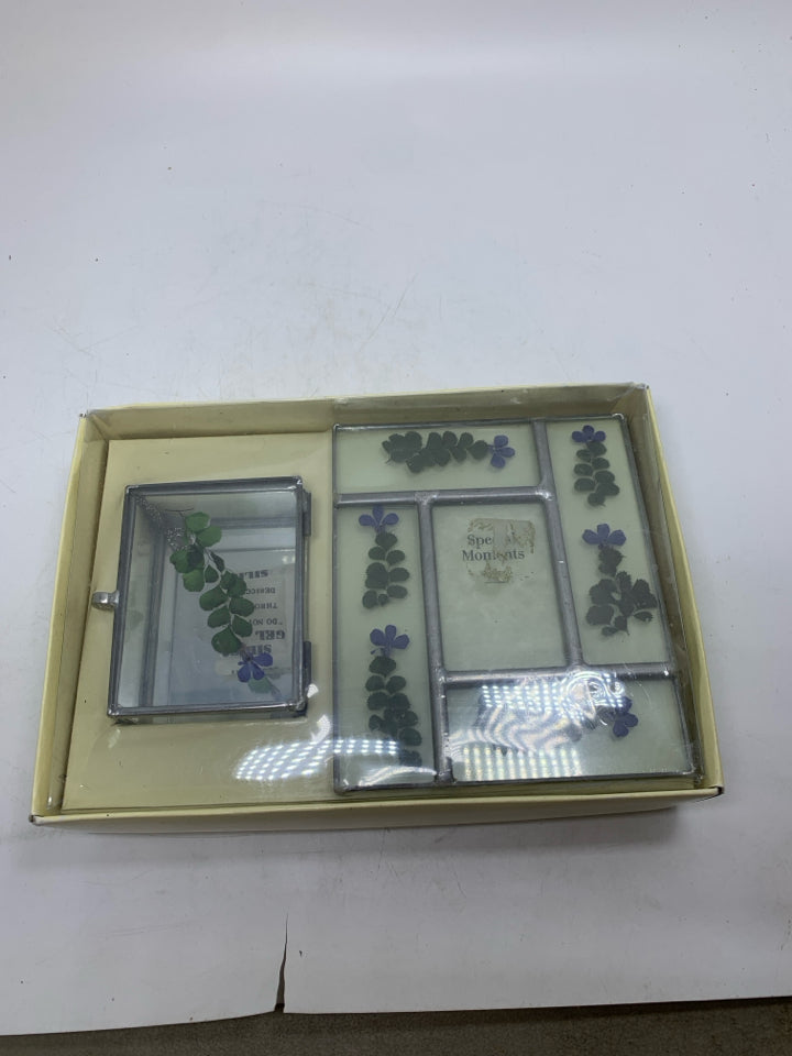 NIB PRESSED FLOWERS IN GLASS FRAME W/ TRINKET BOX.