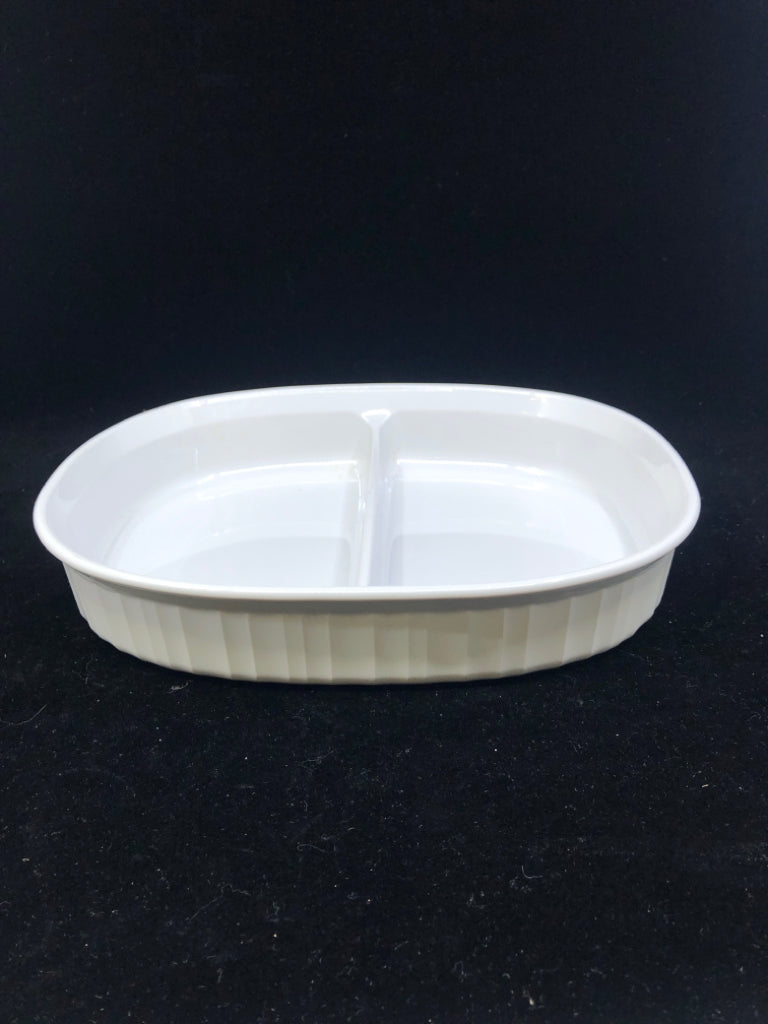 WHITE CORNINGWARE DIVIDED SERVING DISH.