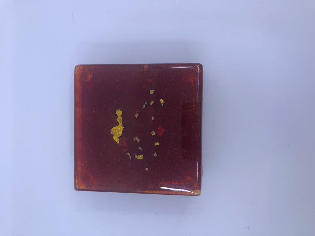 6 RED BLOWN GLASS COASTERS.