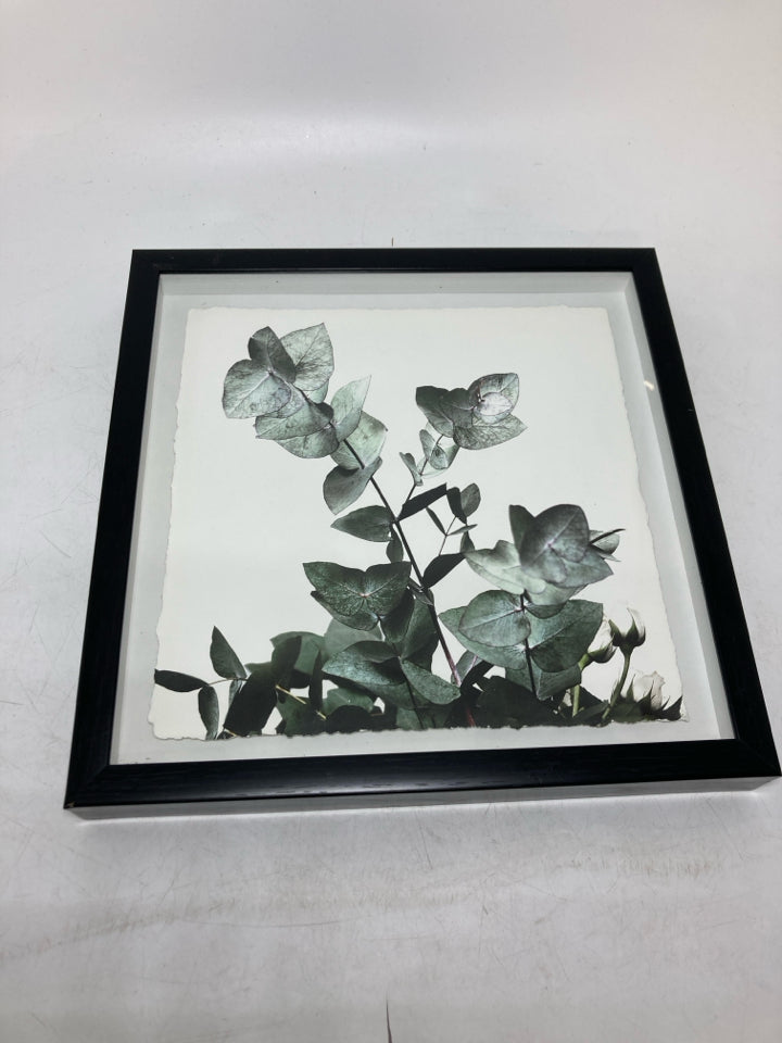 BLACK SHADOW BOX W/ LEAVES SQUARE WALL HANGING.