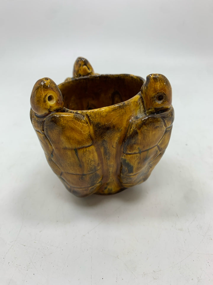 BROWN GLAZED POTTERY TURTLE POT.