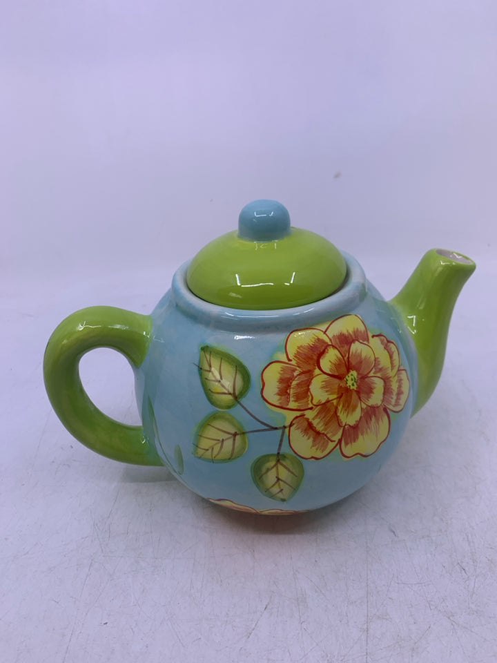 BLUE GREEN TEA POT W/ PINK FLOWER.