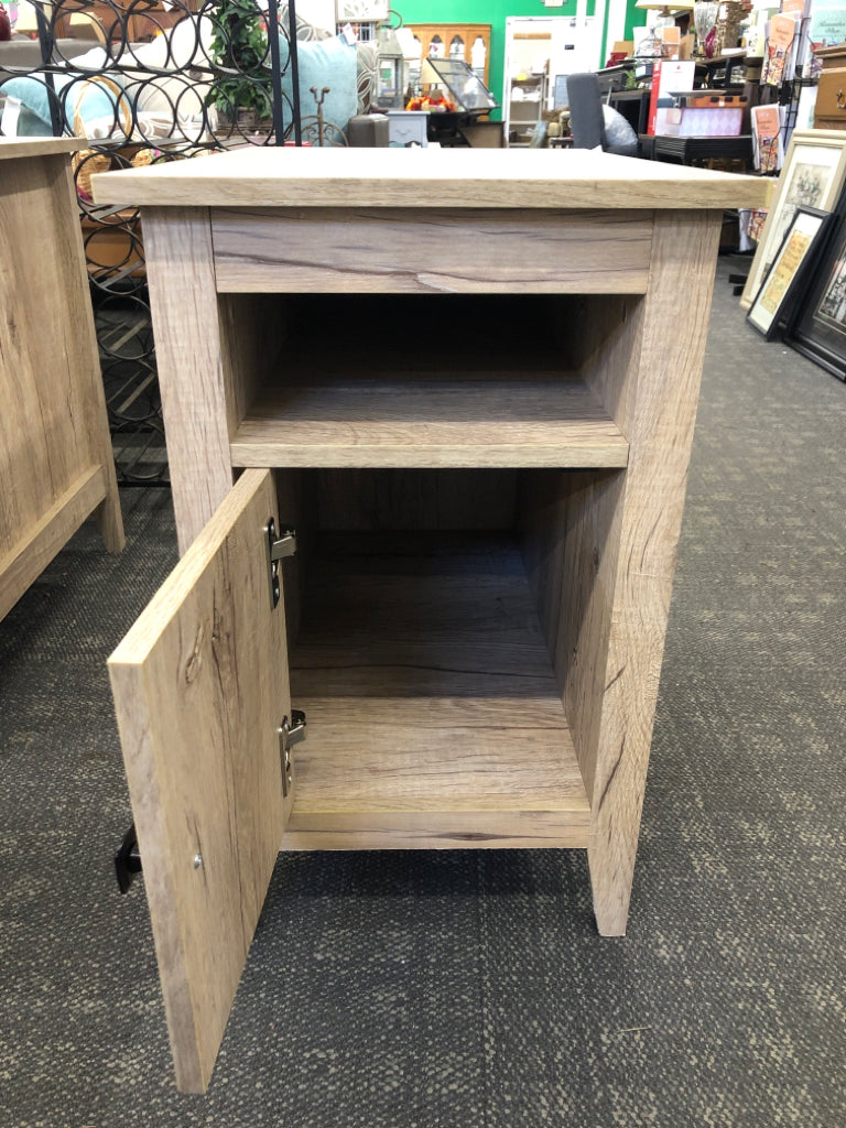 LIGHT WOOD END TABLE W/ CUBBY AND STORAGE.