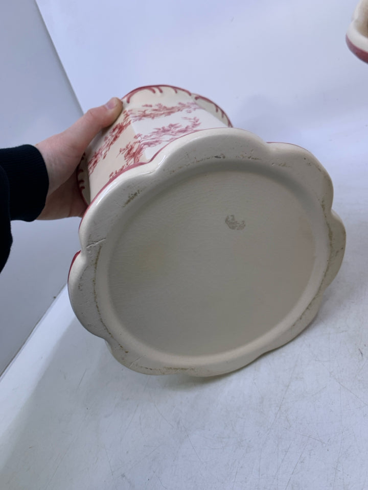 2 IVORY & RED FLORAL CANISTERS.