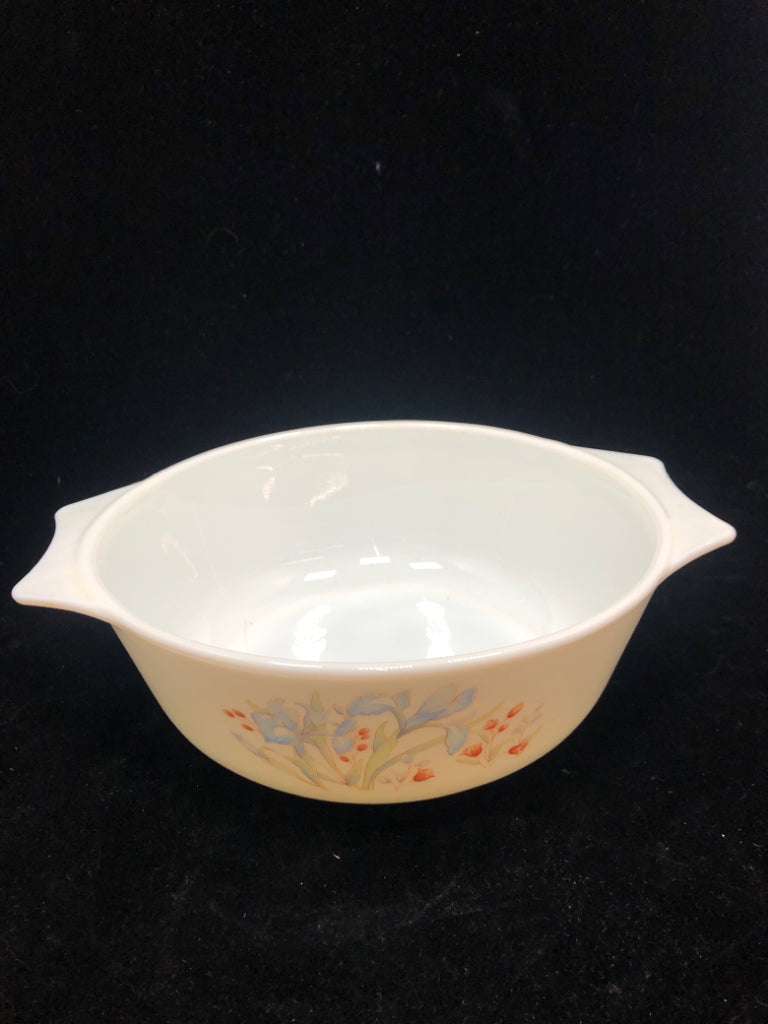 MD BLUE IRIS PYREX CASSEROLE DISH.