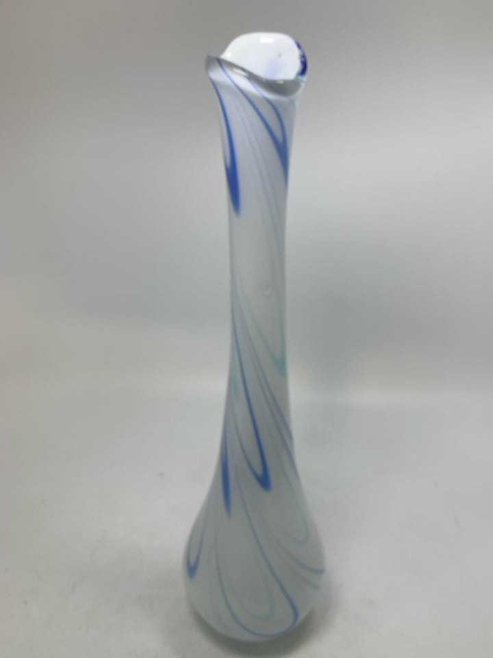 BLOWN GLASS VASE W/ BLUE DETAILS.