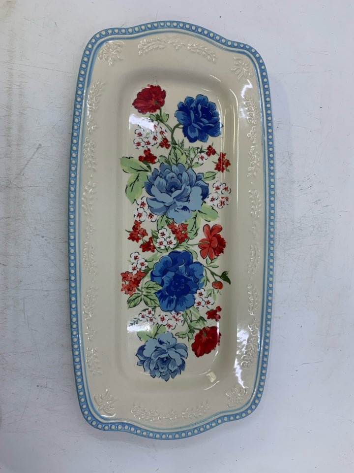BLUE,RED FLORAL PLATTER BEADED EDGE RECTANGLE.