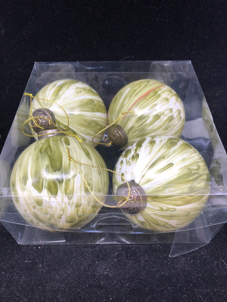 4 NIP GREEN BULB ORNAMENTS.