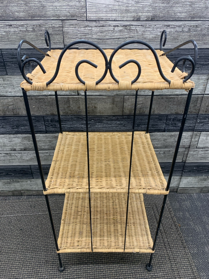 3 TIER WOVEN SIDE TABE W BLACK METAL.