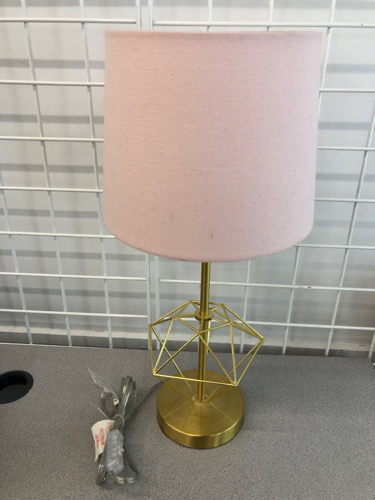 GOLD GEOMETRIC LAMP W/PINK SHADE & COLORED LIGHT.