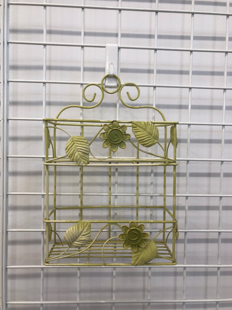 LIGHT GREEN WIRE ORGANIZER SHELF HANGING W/WELDED LEAVES & FLOWER.