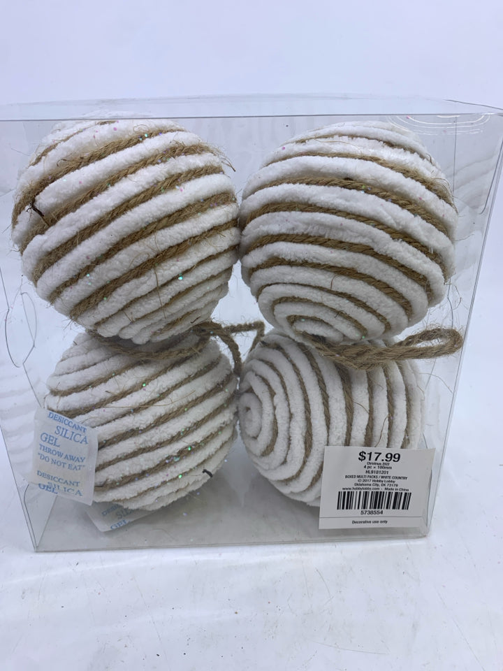NIB 4 WHITE & TWINE GLITTER BALL ORNAMENTS.