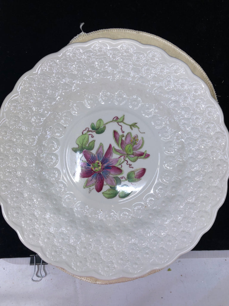 VTG 13 WHITE EMBOSSED FLORAL PLATES.