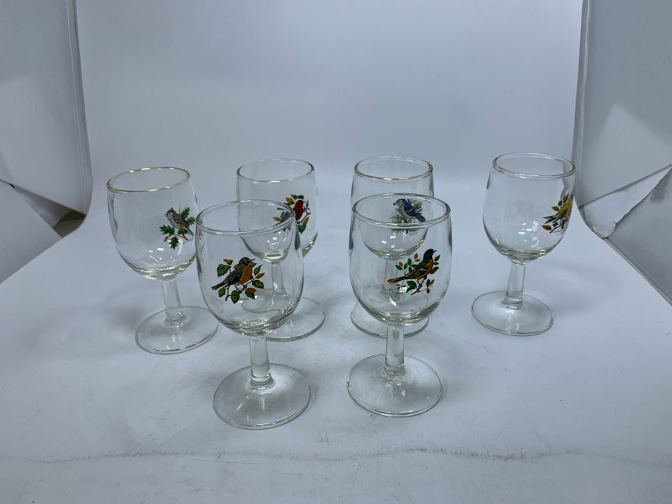 6 SMALL CORDIAL GLASSES W/ PRINTED NEW ENGLAND BIRDS.