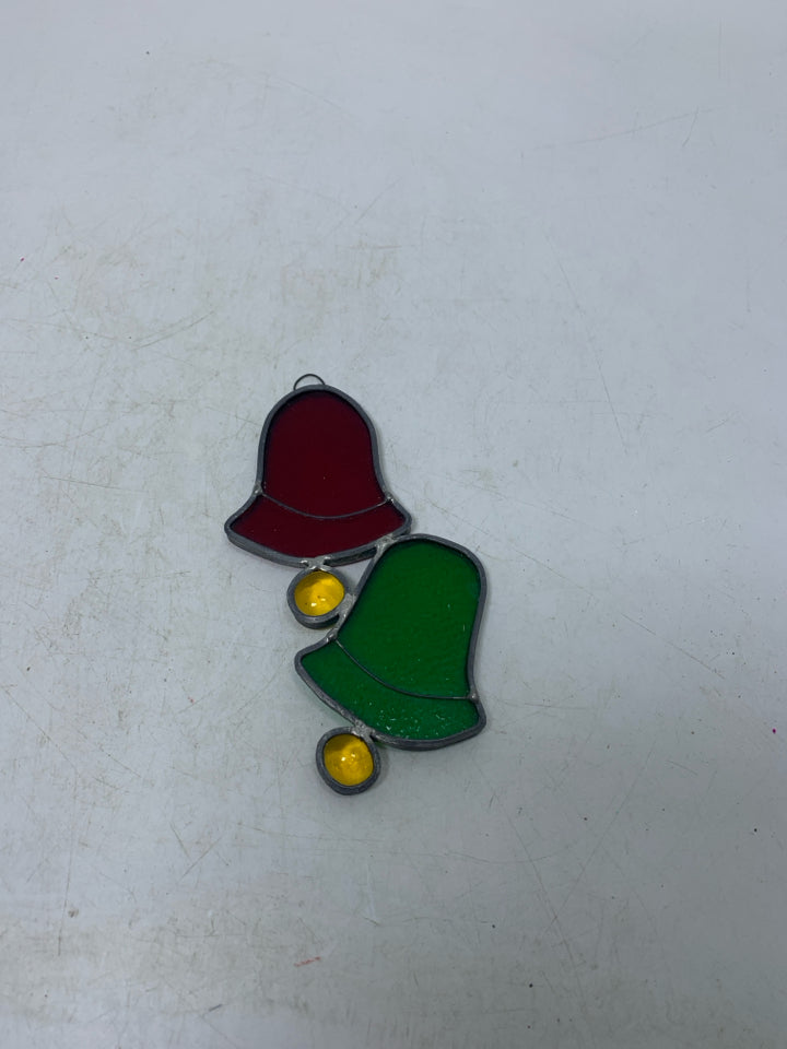 STAINED GLASS RED GREEN BELLS ORNAMENT.