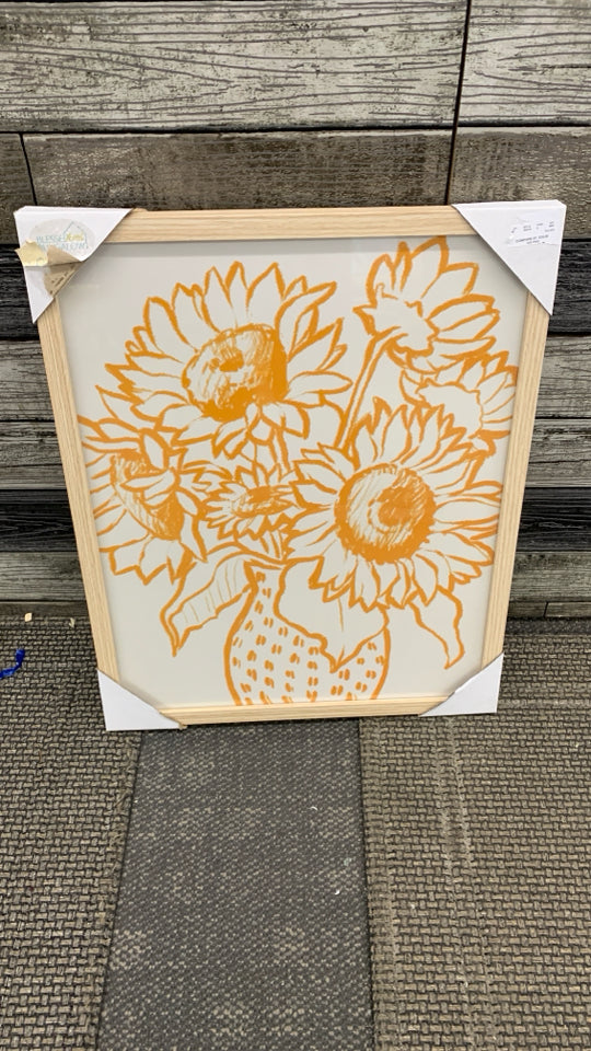 NIP ORANGE SUNFLOWER LINE ART IN TAN FRAME.