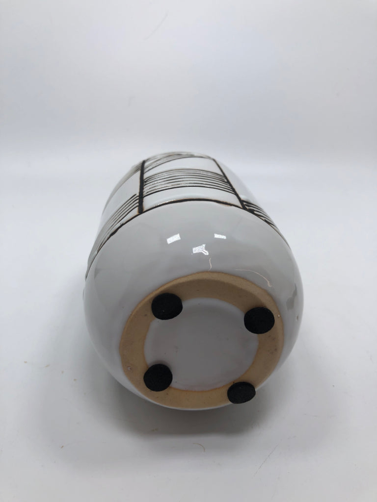 WHITE GLAZED VASE W/BLACK LINES.