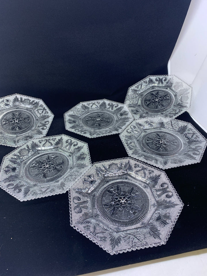 6 VTG PRESSED GLASS HEXAGON SHAPED DESSERT PLATES.