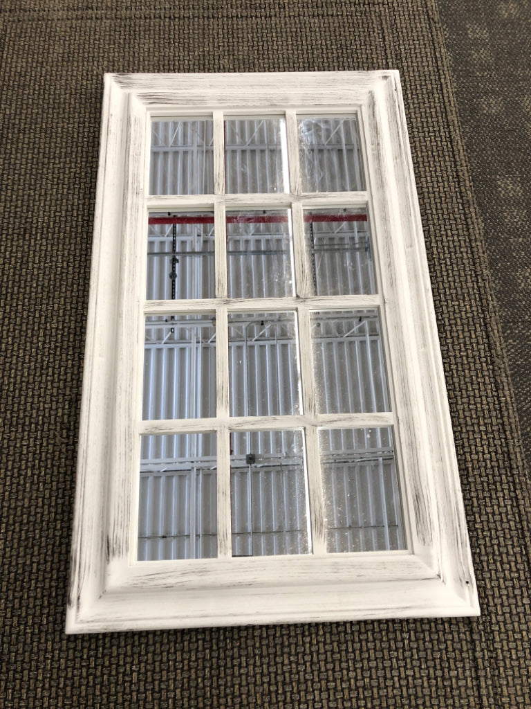 DISTRESSED WHITE WINDOW MIRROR.